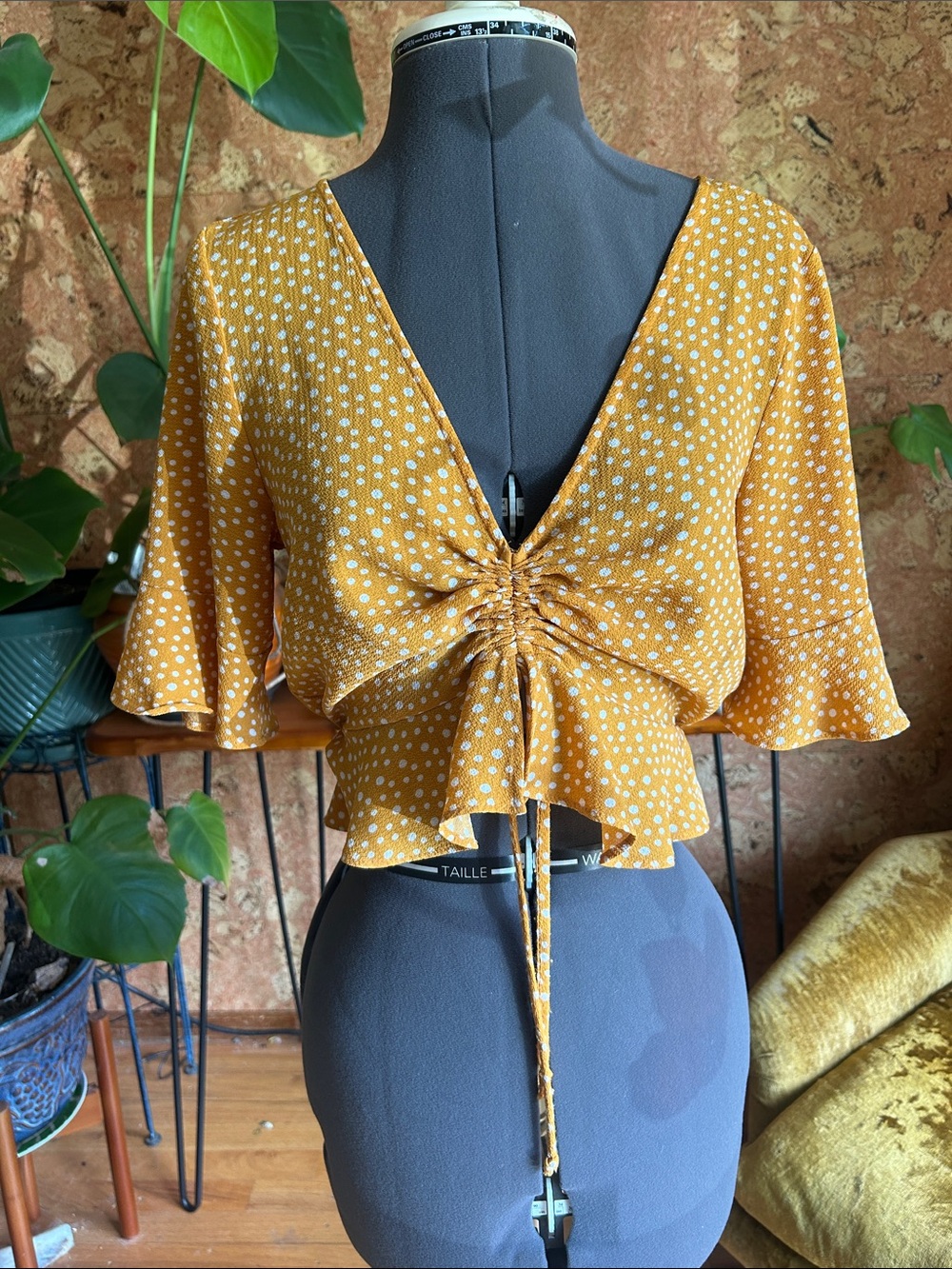 Forever 21 Mustard Polka Dot Ruched Tie-Front Crop Top